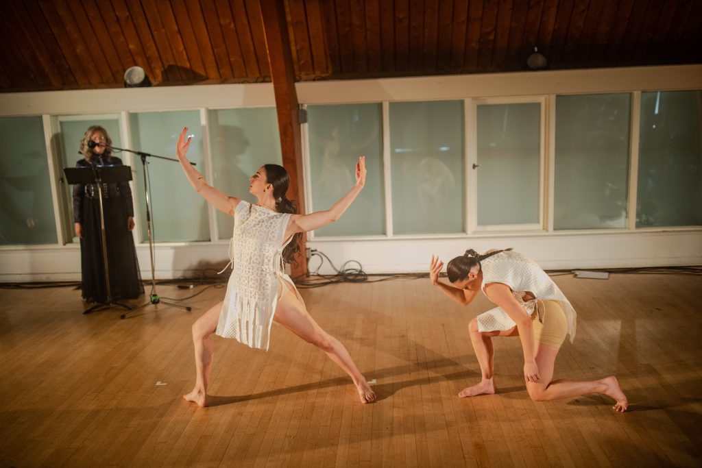 Taylor Collis, Stacie Dunlop, and Sarah Di Iorio perform "a frame through bodies move" (2022) by Angela Blumberg and Julia Mermelstein